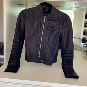 Navy leather bomber jacket.